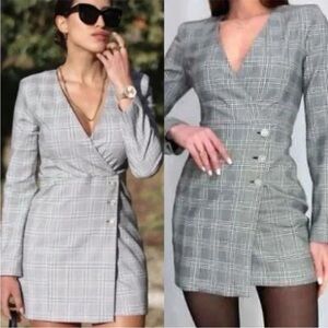 Zara Gray Plaid Jeweled Button Blazer Mini Dress Small